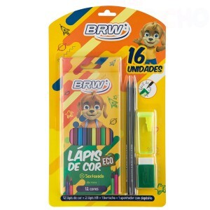 KIT ESCOLAR 1 CX LAPIS DE COR, 2 LAPIS HB, 1 APONTADOR C/ DEP. E 1 BORRACHA COM CAPA